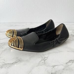Tory Burch Charlee Black Leather Gold Art Deco Smoking Loafer Women’s Size 7.5